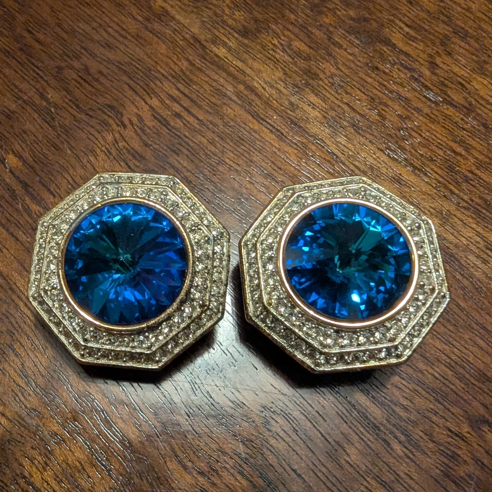 Vintage St. John Blue and Silver Octagon Clip On Earrings - Picture 2 of 9